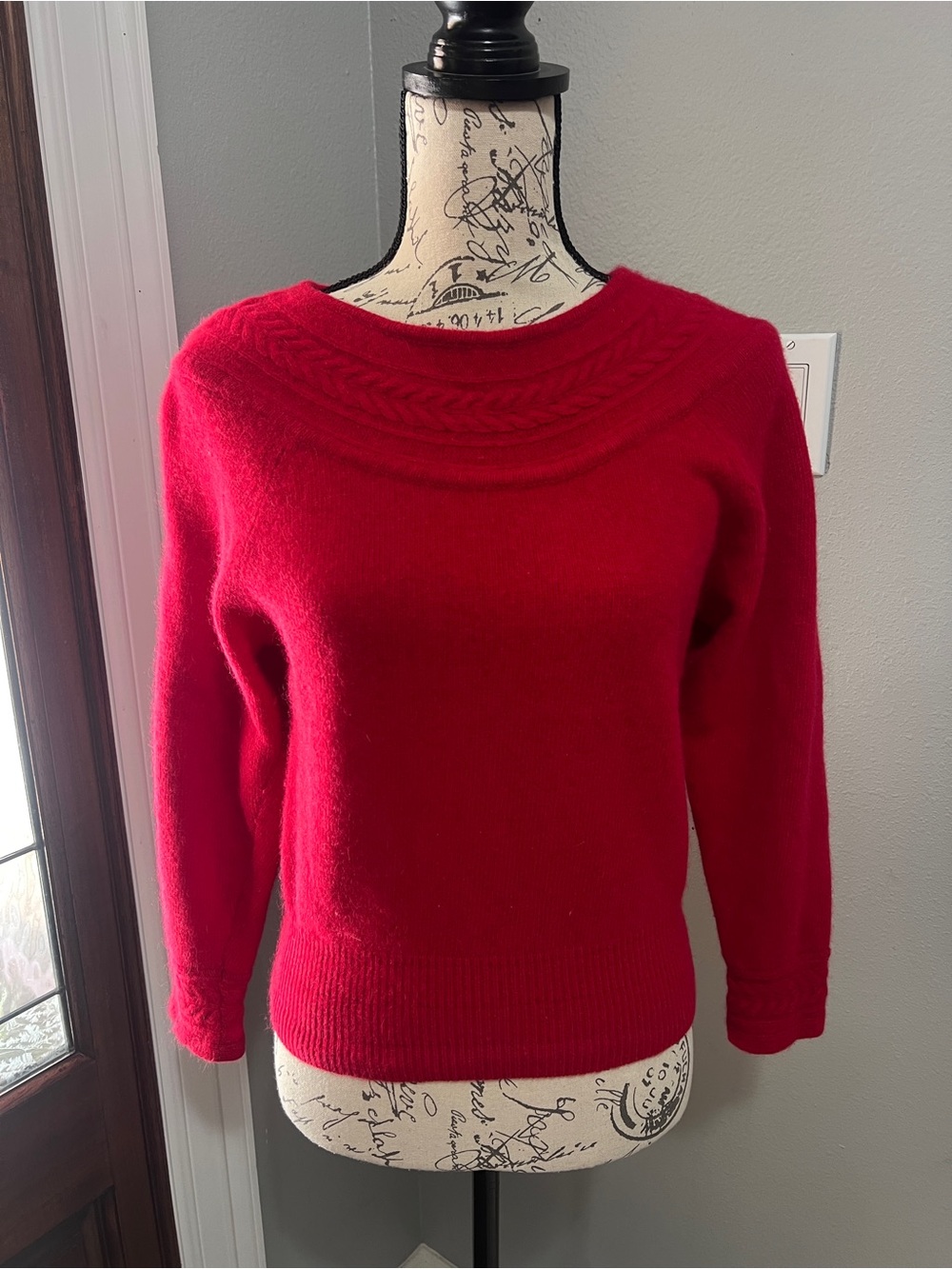 Jeanne Pierre Vintage 80s Angora Blend Braided Yoke Sweater Red Medium